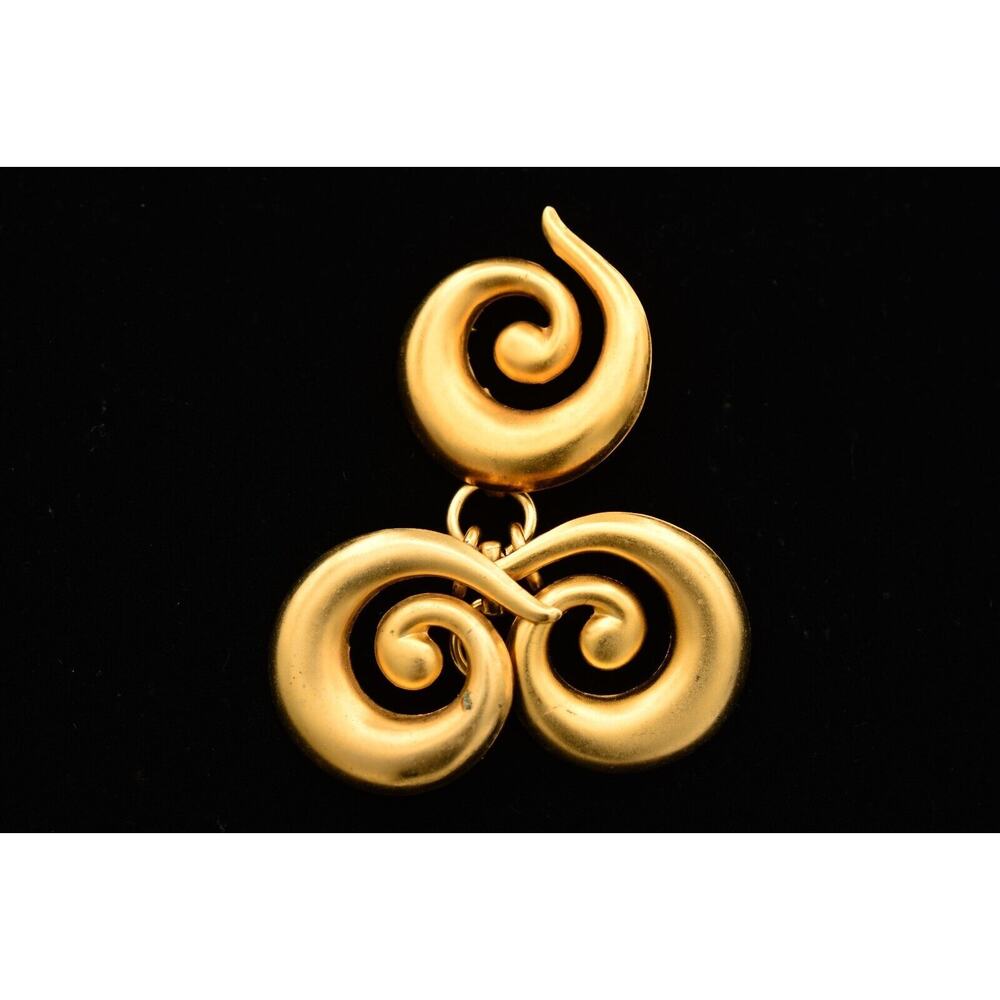 Vintage Dangle Pin Brooch Bar Brushed Gold Matte Metal Triple Swirl NOS 1980s